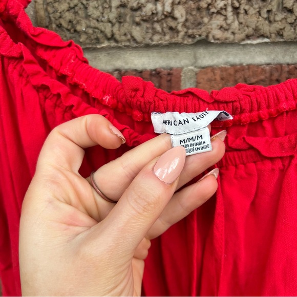American Eagle Red Scrunch Short Sleeve Tassel Peasant Dress - Picture 3 of 3